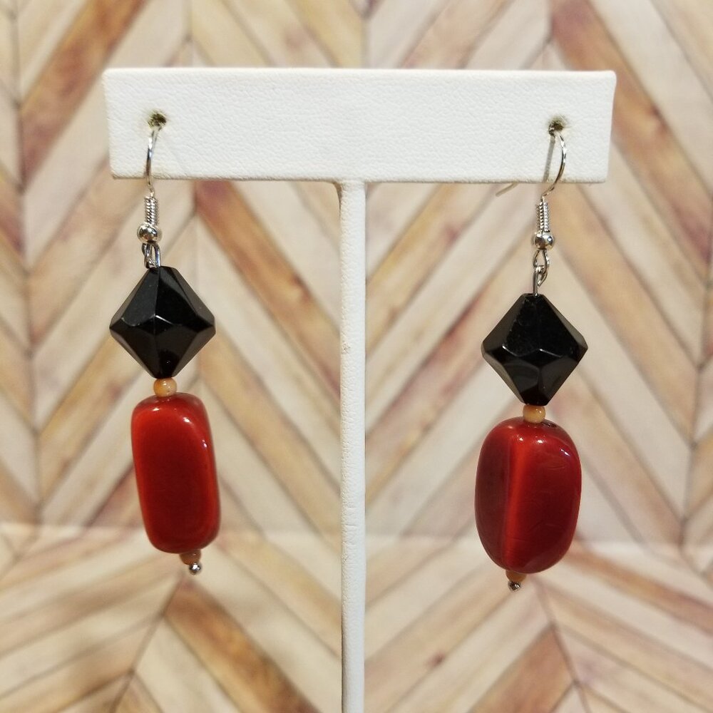 Red and Black Beaded Dangling Earrings